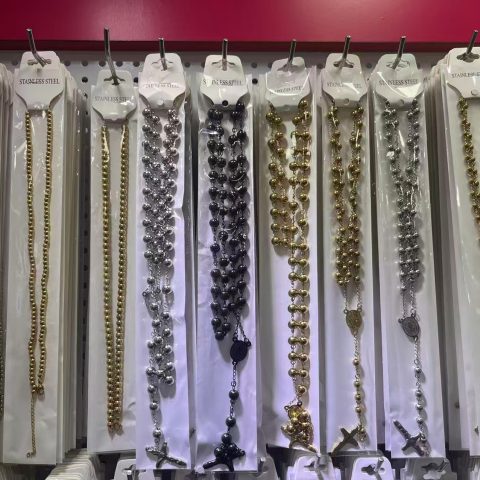 Stainless Steel Beaded Rosary Cross Necklace Gold Silver Black for Women