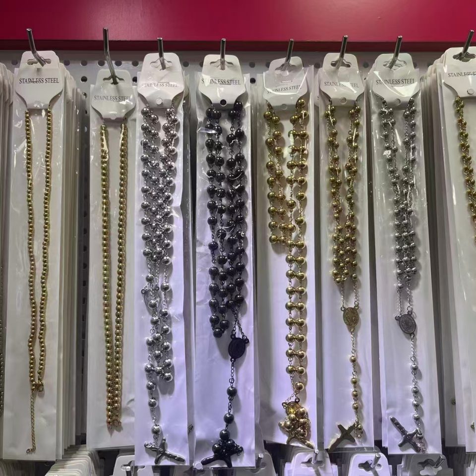 Stainless Steel Beaded Rosary Cross Necklace Gold Silver Black for Women